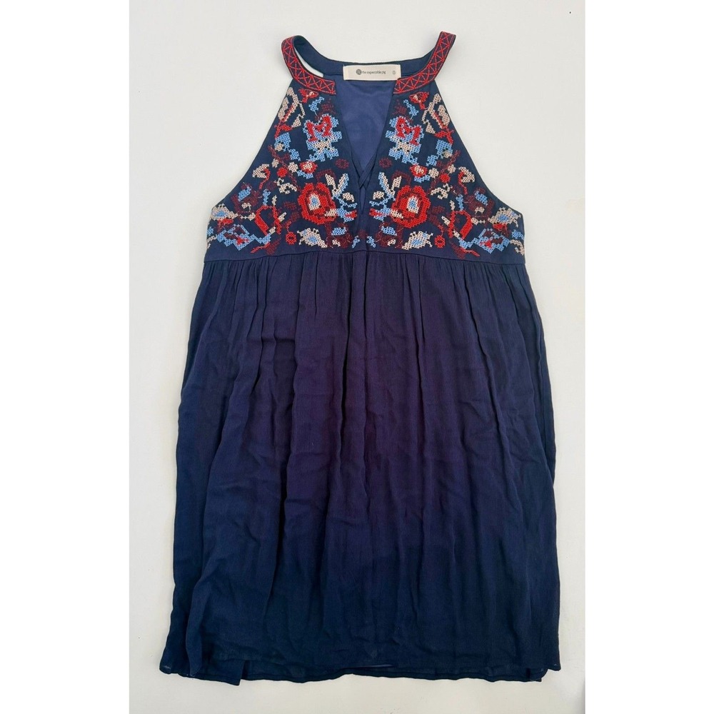 The Impeccable Pig Navy Blue Embroidered Halter Mini Dress Womens Small JH270